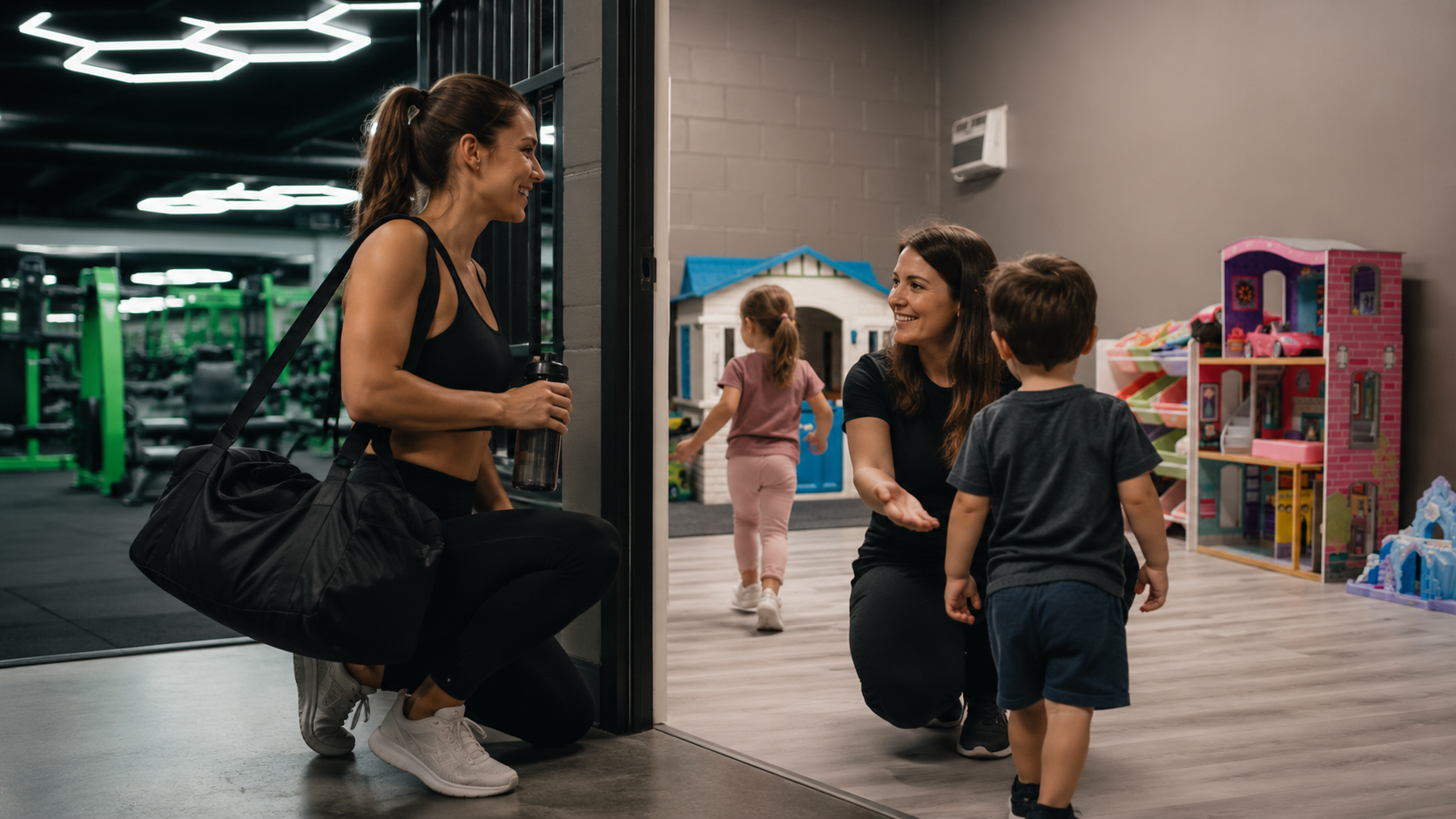 Jacksonville mother dropping off her children with a gym childcare team member before working out